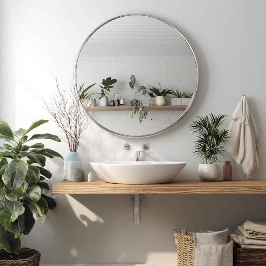 Silver Round Mirror 40 inch, Circle Mirror with Brushed Metal Frame