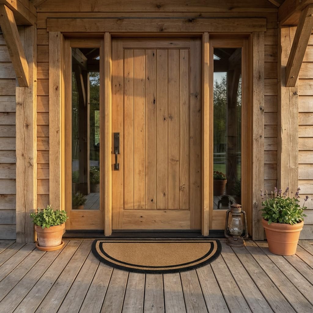 Half Round Black Border Coco Coir Door Mat, 30" x 60", Woven Backed, Heavy Duty Outdoor, Natural Fiber Entrance Mat
