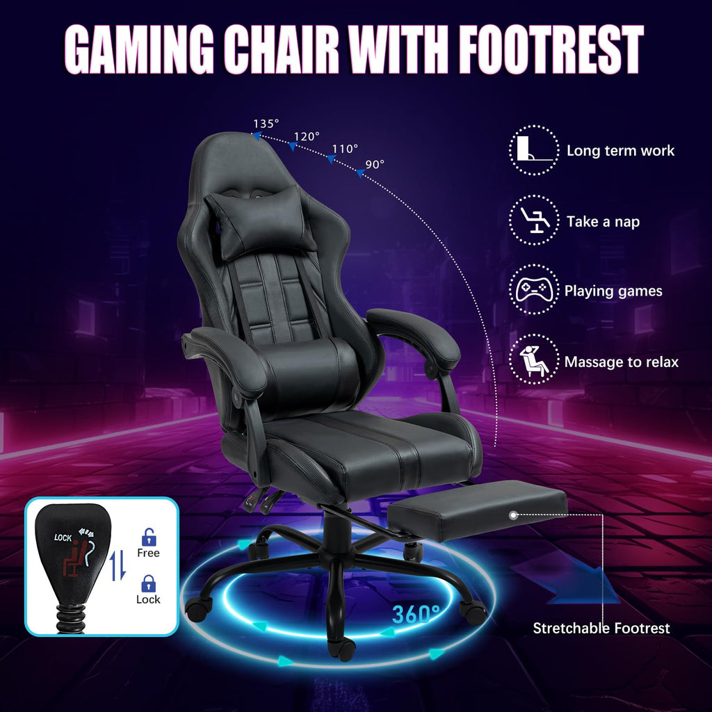 Gaming Chair with Footrest & Massage Lumbar Support, Black
