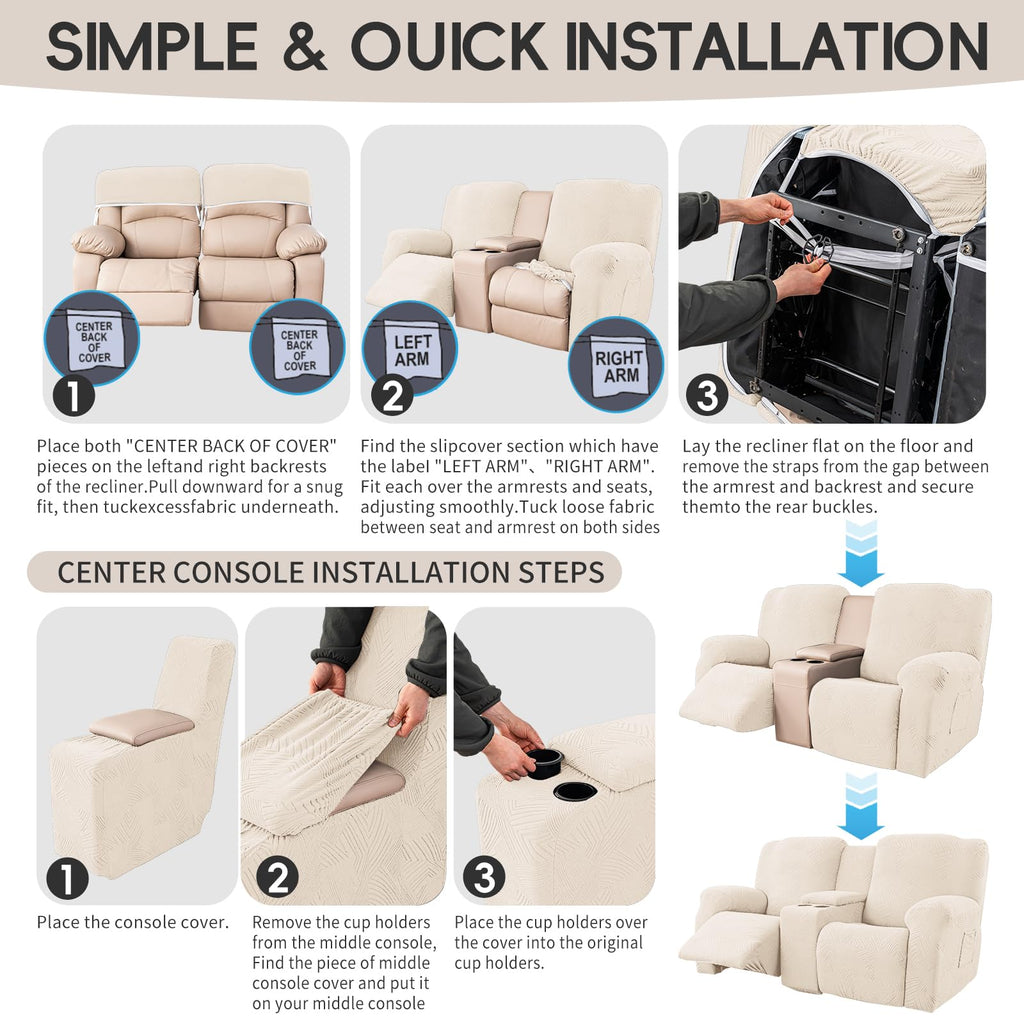 6-Piece Stretch Geometric Recliner Loveseat Cover with Console, Beige
