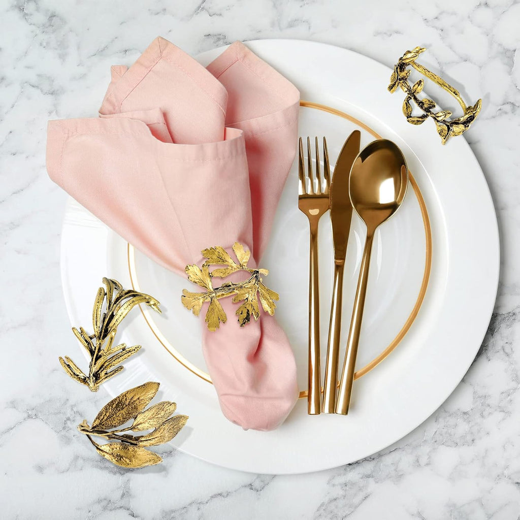 Herb Napkin Rings Set Vintage Leaf Napkin Holders, Gold - Set of 8
