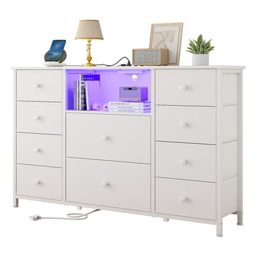 Dresser with Charging Station and LED Lights, White Dresser