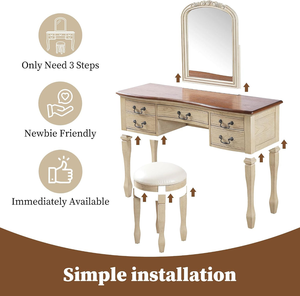 46" Vintage Vanity Desk with Curved Flower Frame Mirror, Wood Dressing Table with Storage, 5 Drawers, Makeup Vanity
