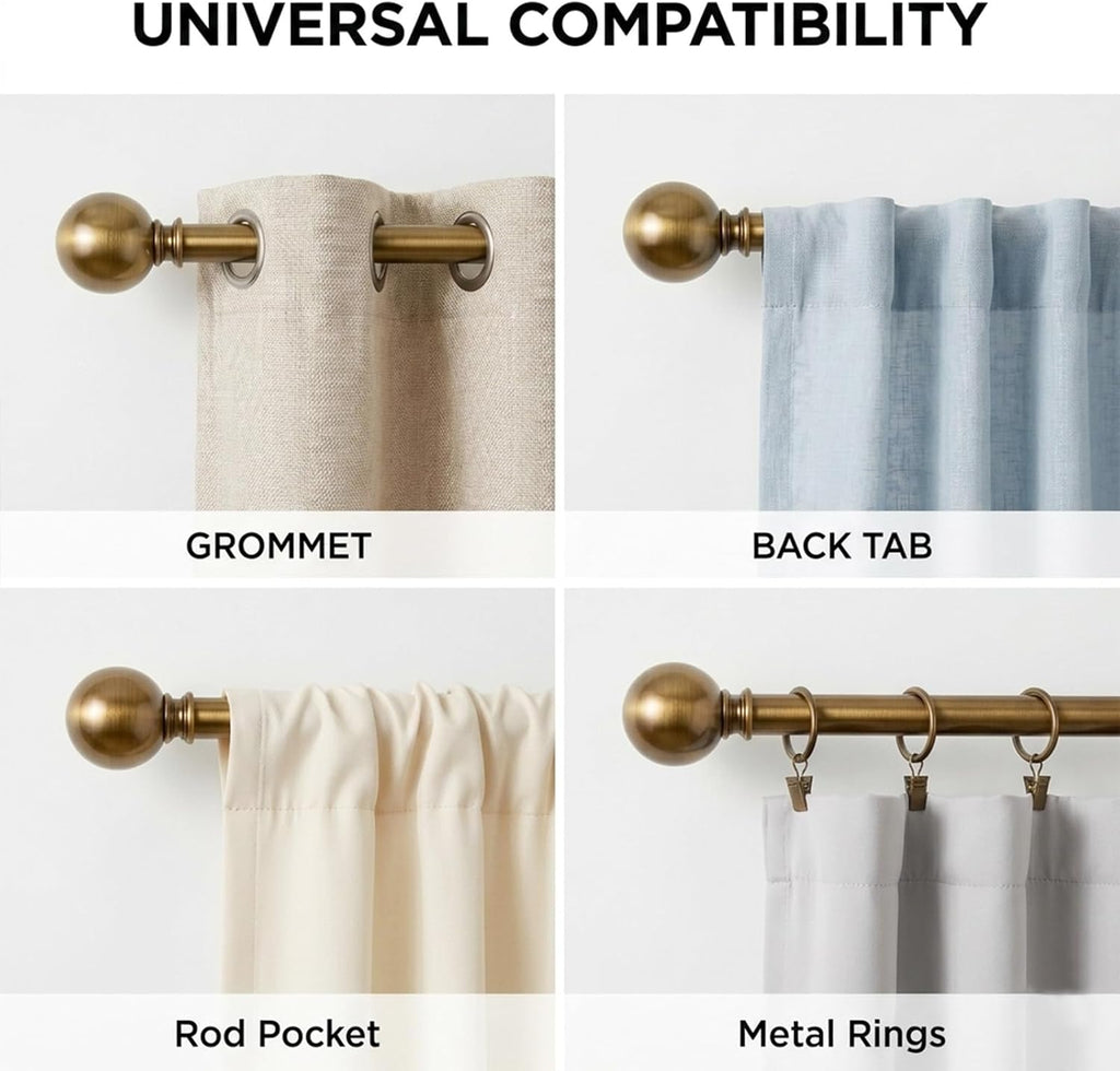 Brass Curtain Rods for Windows 18 to 45 inches, 1 Inch Modern Metal Drapery Rods, Adjustable Heavy Duty Curtain Pole