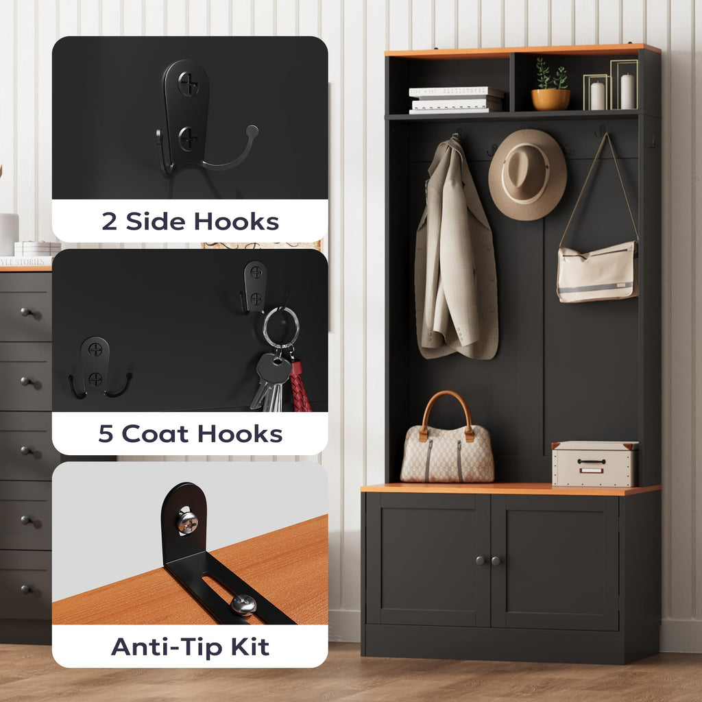 Entryway Hall Tree with Bench and Storage, 5-in-1 Farmhouse Coat Rack with 7 Hooks, Bench with Coat Rack with Storage
