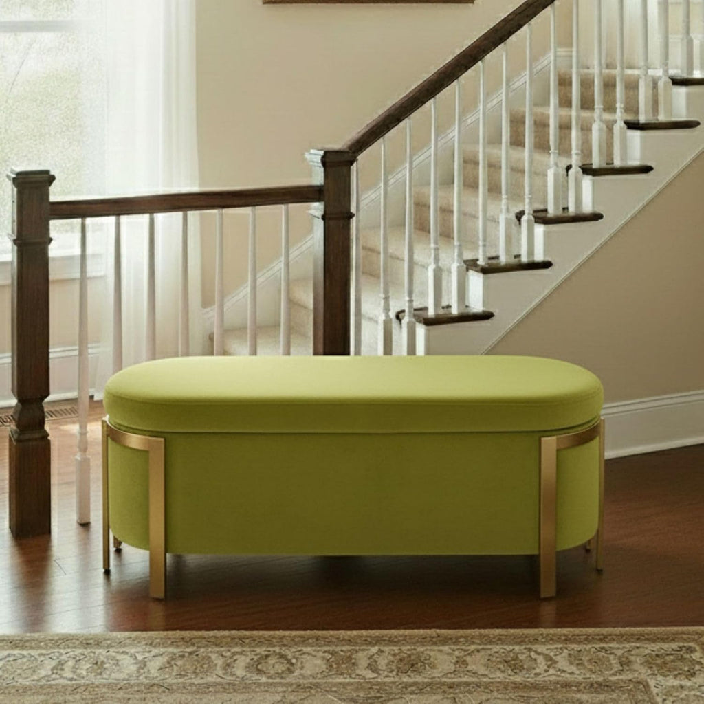 48" Velvet Storage Bench with Gold Legs, Olive Green | End of Bed Ottoman Bench with Hidden Storage