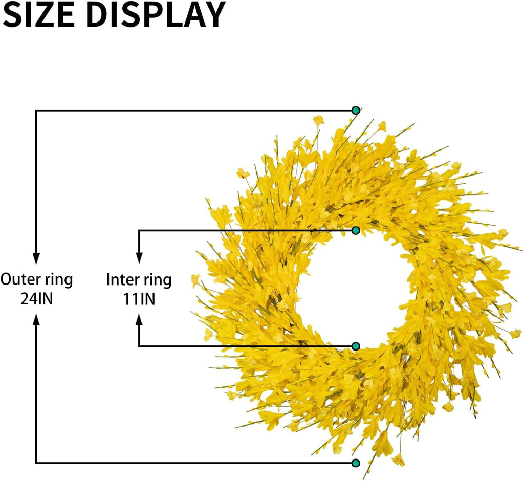 24 Inch Artificial Yellow Forsythia Flower Wreaths, Silk Leaves Paper Floral Wreath for Front Door, Spring Summer