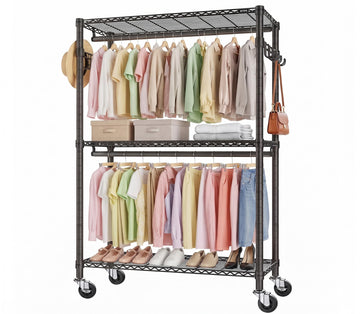 Clothes Rack, Rolling Rack 3 Tiers Adjustable Clothes Rack, Black