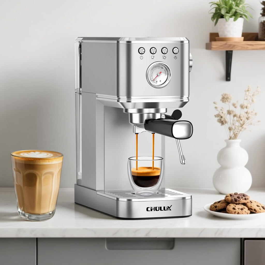 Slim Espresso Machine with Milk Frother Cappuccino & Latte | Precise Pressure Gauge, Food-Grade Materials, 20 Bar
