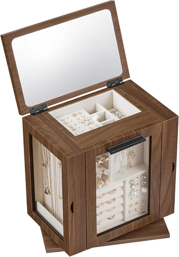 360° Rotating Jewelry Box with Mirror, Wooden Jewelry Organizer Box