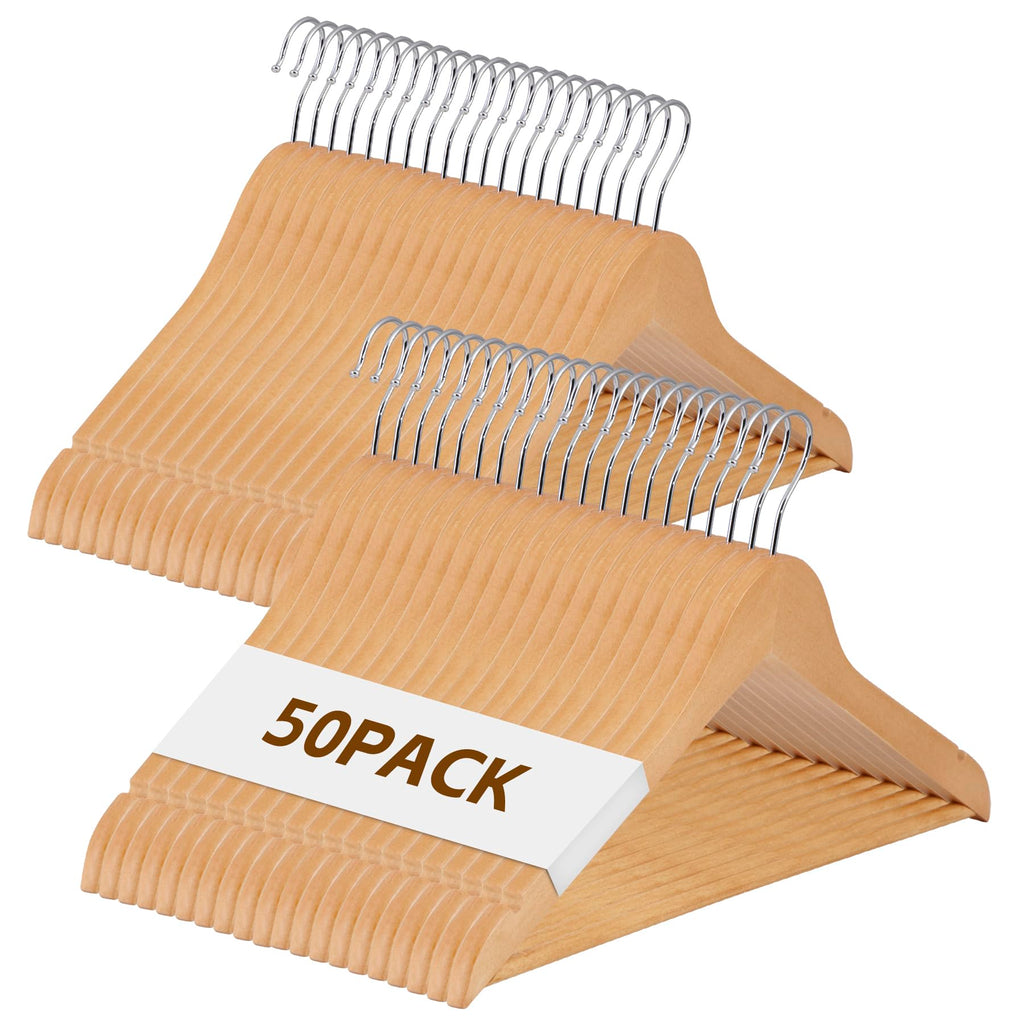 Wooden Clothes Hangers 50 Pack, Non-Slip Grooved Shoulder Coat Hanger, Slim for Shirts, Jackets, Dress, Pant