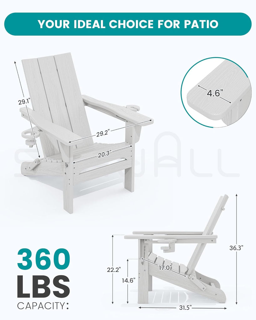 Modern Folding Adirondack Chairs Set of 2, HDPE, Cup Holders, White | Outdoor All-Weather Lawn Adirondack Chairs Wood