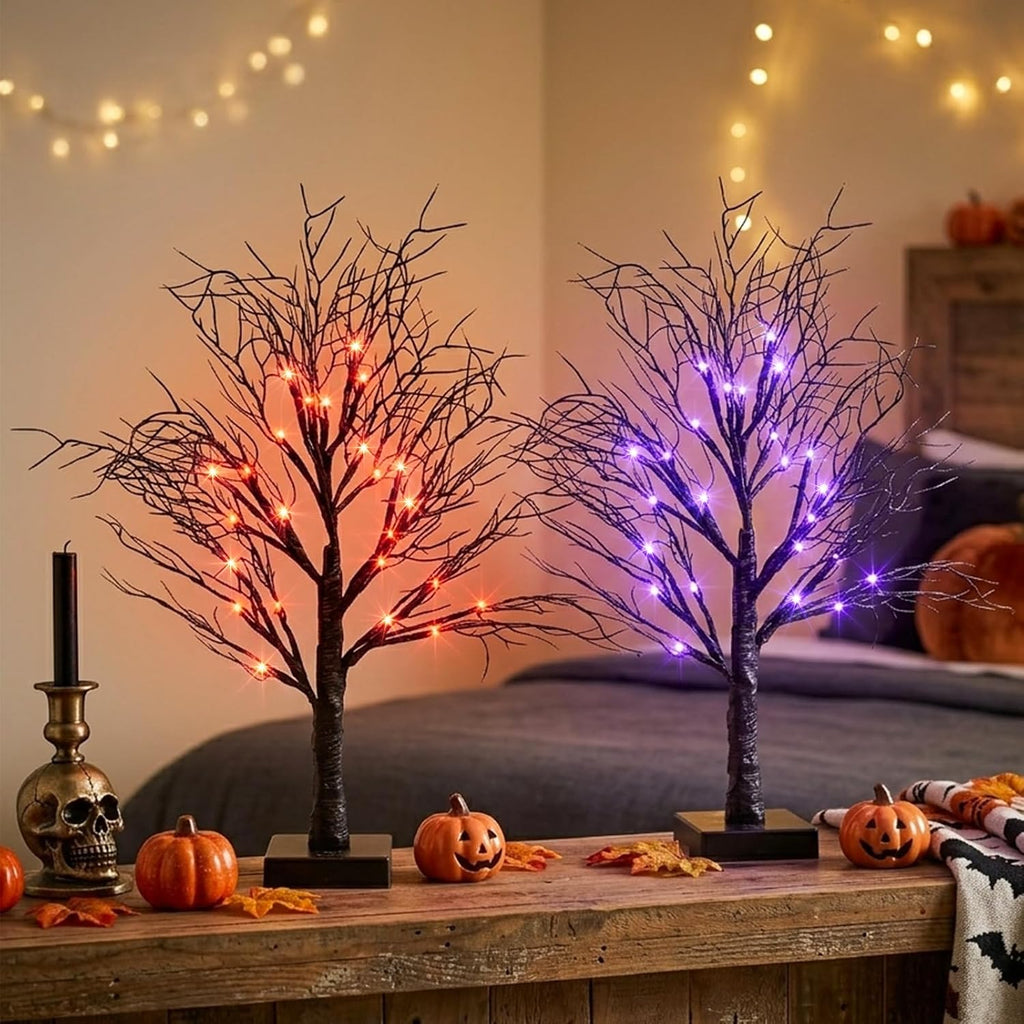 Halloween Tree, Black Tree with Orange Purple Bi-Color Led Lights 6 Functions, USB & Battery Operated Lighted - Set of 2