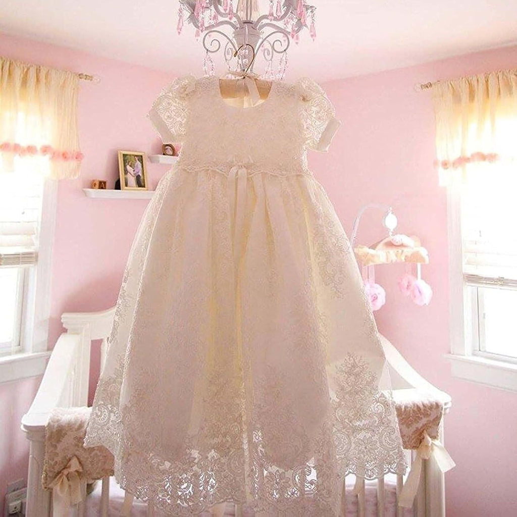 Pretty headband lace long Christening Baptism Dress for baby girl