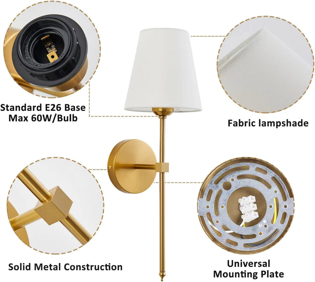 Wall Sconces Sets of 2, Retro Industrial Wall Lamps, Bathroom Vanity Sconces Wall Lighting with White Fabric Shade