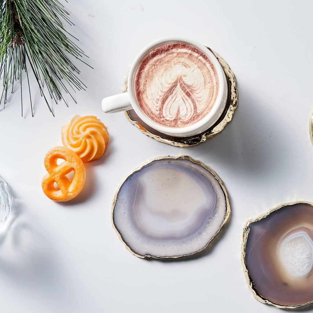 Gray Agate Coasters for Drinks - Geode Set of 4, Gemstone Crystal Natural Stone Slices for Coffee Table, Home Decor