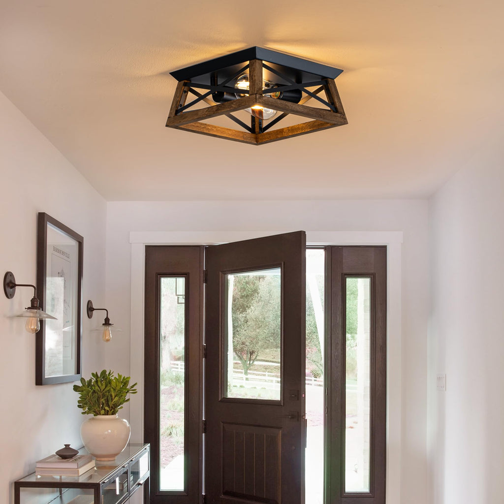 2-Light Farmhouse Light Fixture, Rustic Ceiling Light with Wood and Metal Design, Wood Ceiling Light, Cabinet