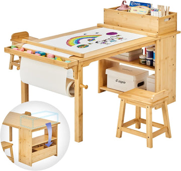 Kids Art Table and Chair Set with Paper Roll Holder, Toddler Craft Table with Storage Shelves, Side Supply Tray