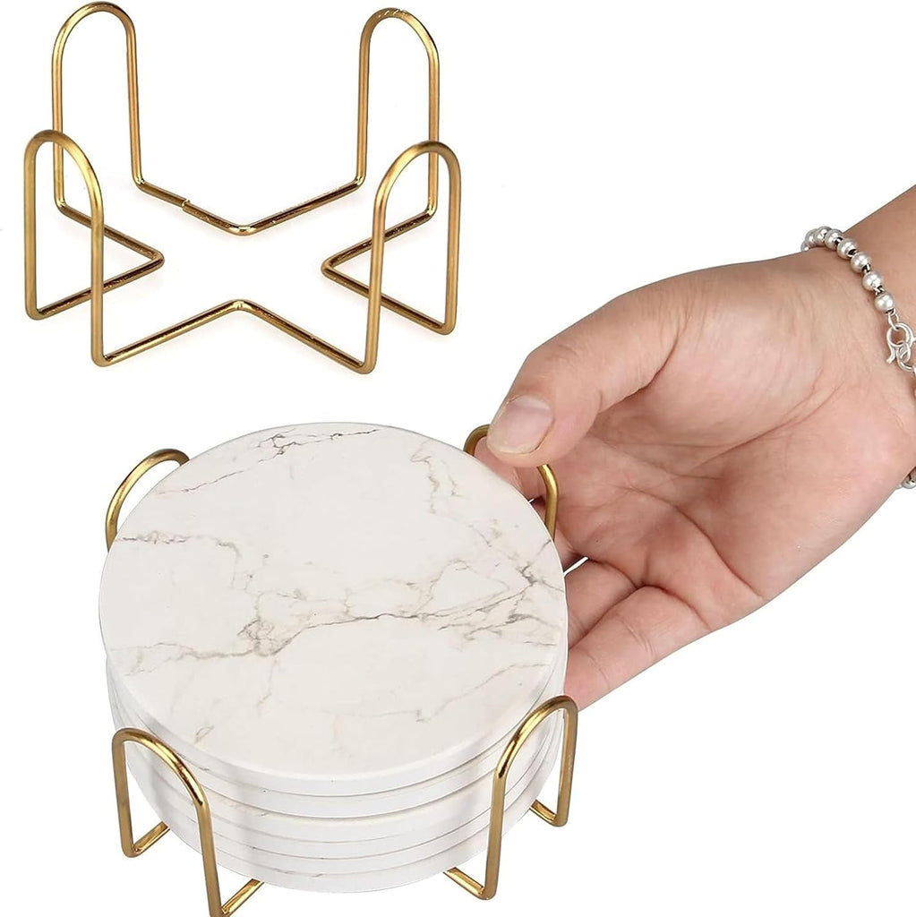 4inch Round White Marble Coaster with Gold Storage Rack - Set of 6