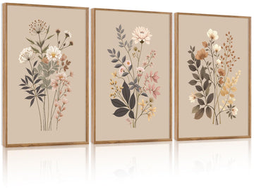 Botanical Flower Framed Canvas Wall Art Set Of 3, Modern Nature Wildflower Wall Decor, Rustic Floral Wall Painting