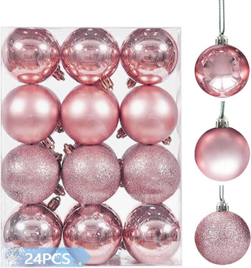 4cm/1.57" Shatterproof Christmas Balls Ornaments, Pre-Strung Hanging Xmas Tree Decorations, 3 Styles Holiday - Set of 24