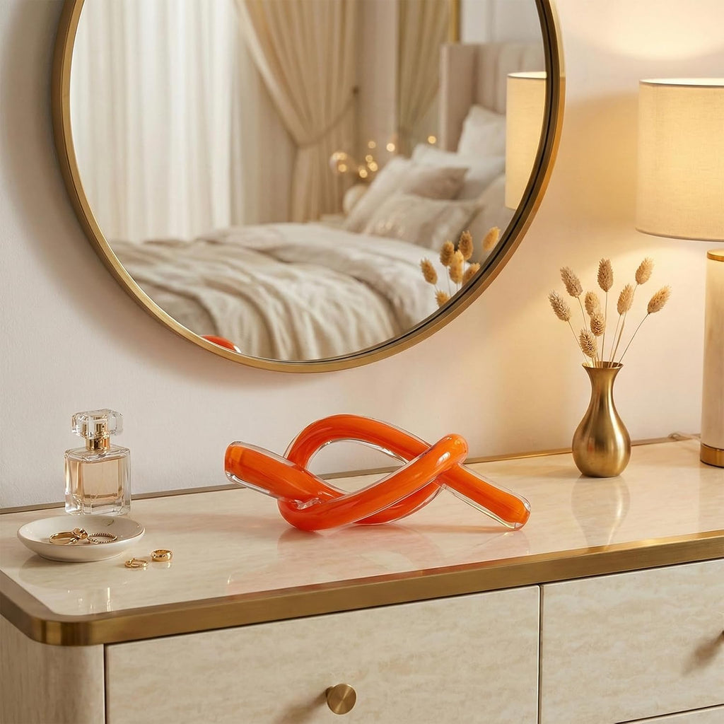 Orange Abstract Glass Knot Sculpture, Hand Blown Glass Decor for Coffee Table TV Cabinet, Shelf or Mantel Accent