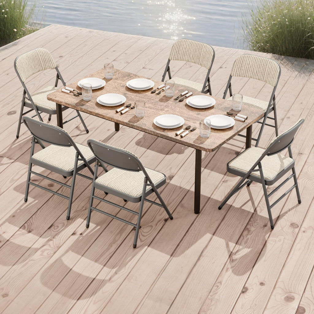 6 Pack Padded Folding Chairs with Fabric Cushion and Back, Oatmeal Stripe