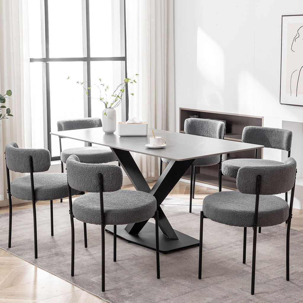 Grey Boucle Set of 2, Upholstered Dining Room Chairs with Black Metal Legs, Round Modern Dining Chair
