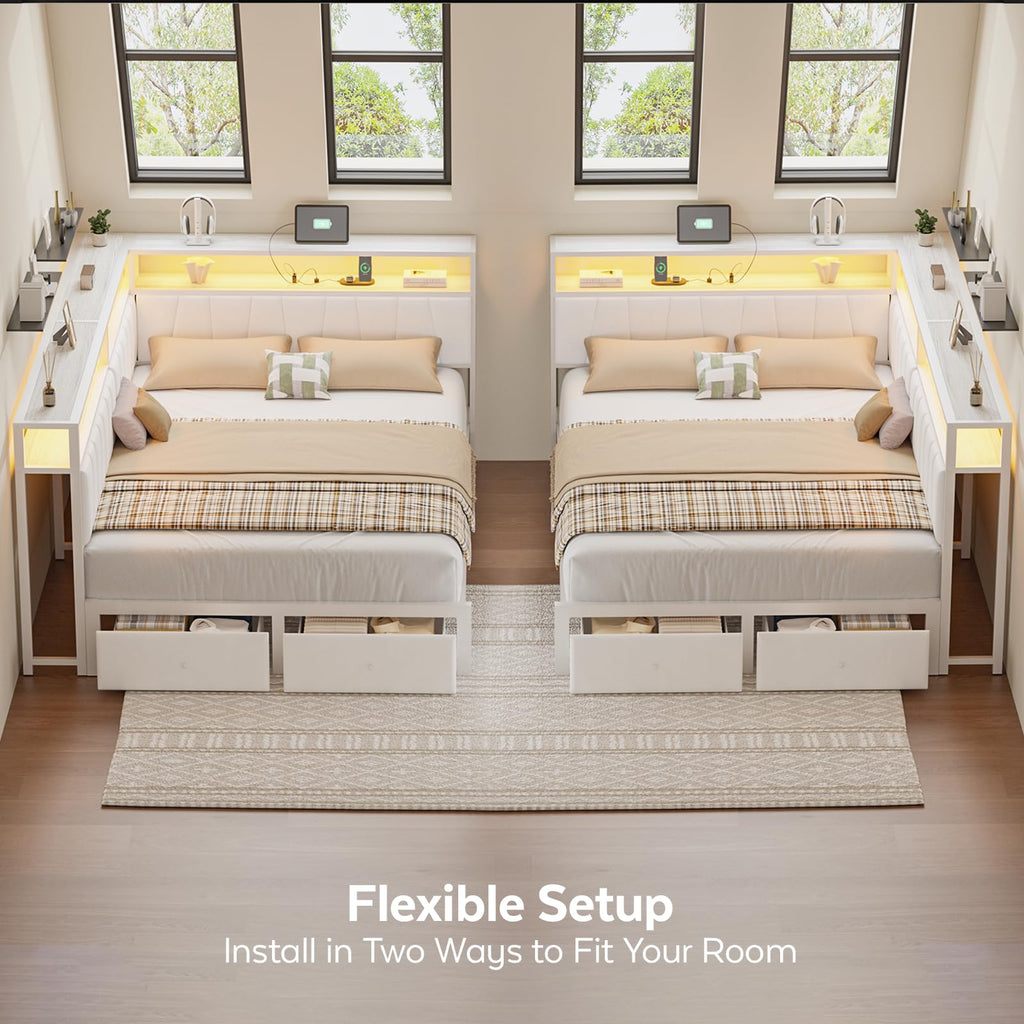 Full Corner Bed Frame with Storage Drawers, Modern Daybed with LED Lights and Charging Station, Metal Platform Bed