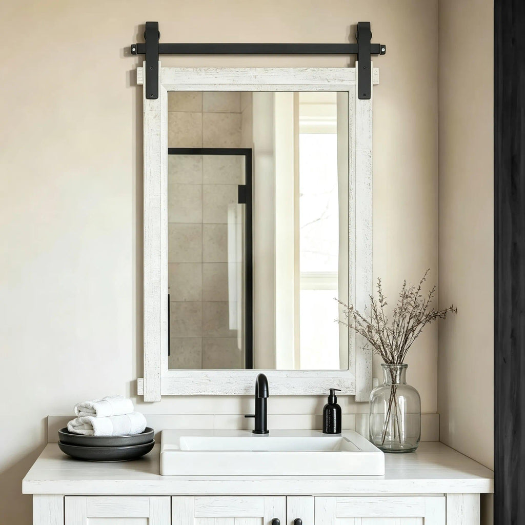 Farmhouse Bathroom Vanity Mirror: 24"x36" White Rustic Barn Door