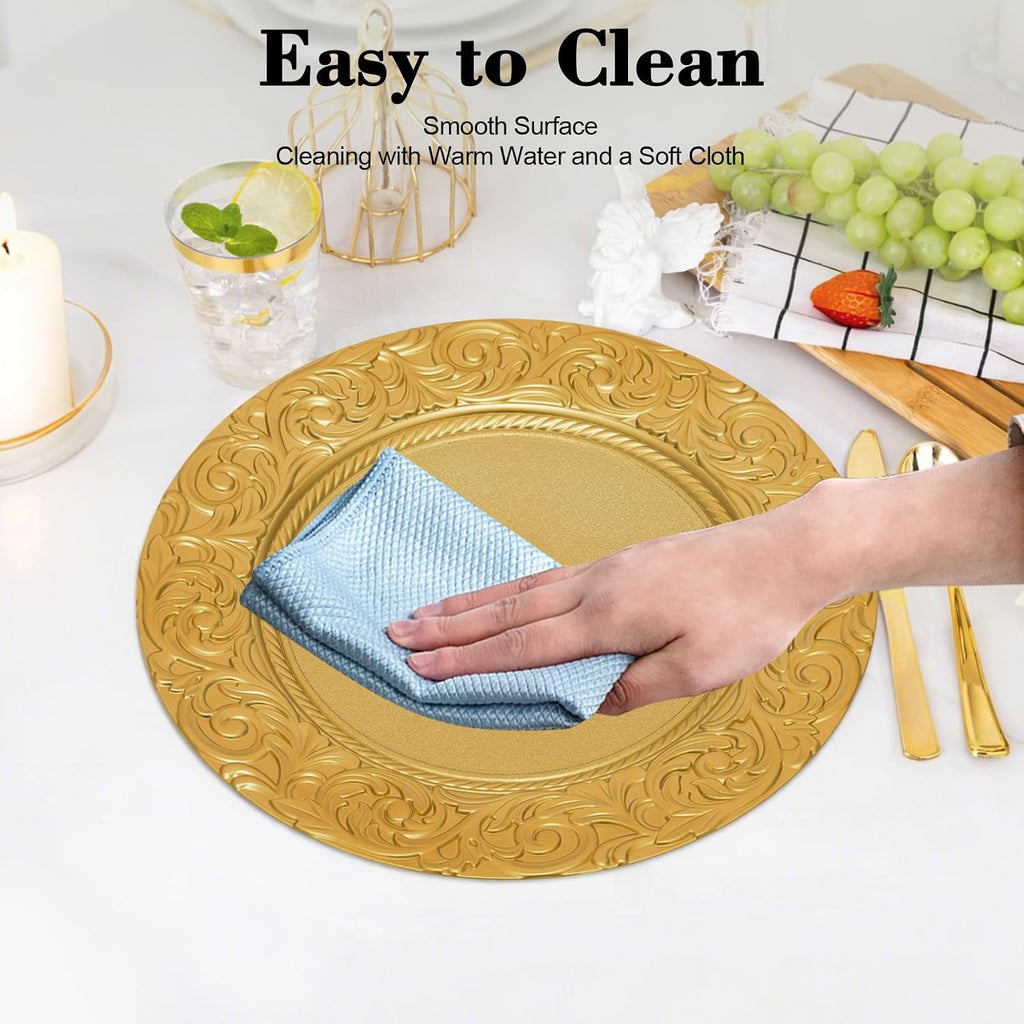 Gold Charger Plates Bulk, 13 Inch Round Charger Plate Set, Plastic Embossed Dinner Chargers Floral Plates - Set of 100