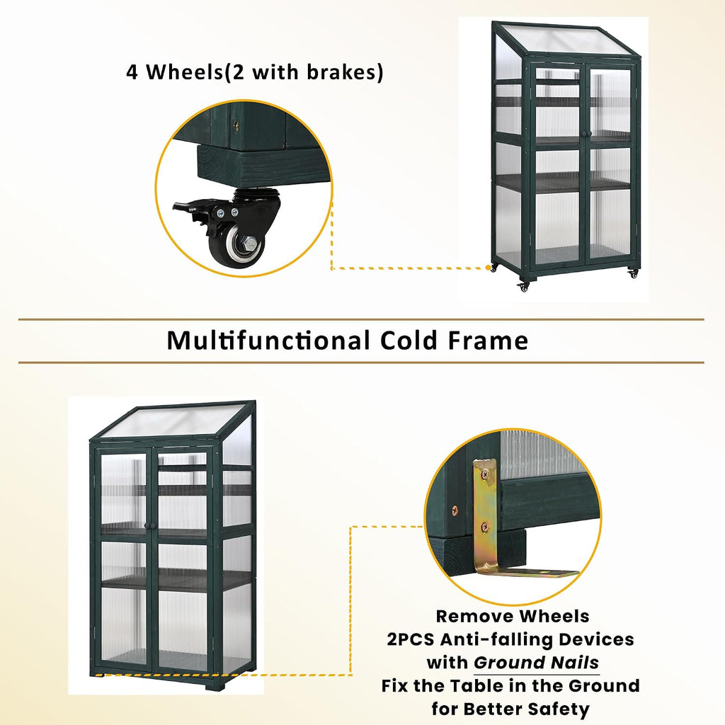 Cold Frame Greenhouse with Wheels, 62 Inch Portable Plant Cabinet | Fir wood, polycarbonate panels, garden or patio
