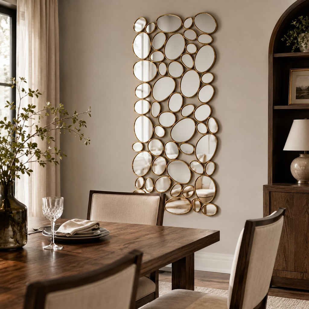 Gold Wall Mirrors Decorative - 51"x23" Large Modern Wall Mirror Decor, 55 Pieces Multi-Size Pebble Design Metal