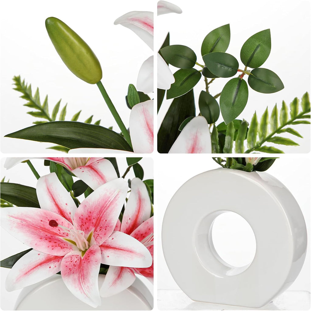 Faux Lily Pink 13" Artificial Flower in Vase for Wedding Home Decoration - Set of 4