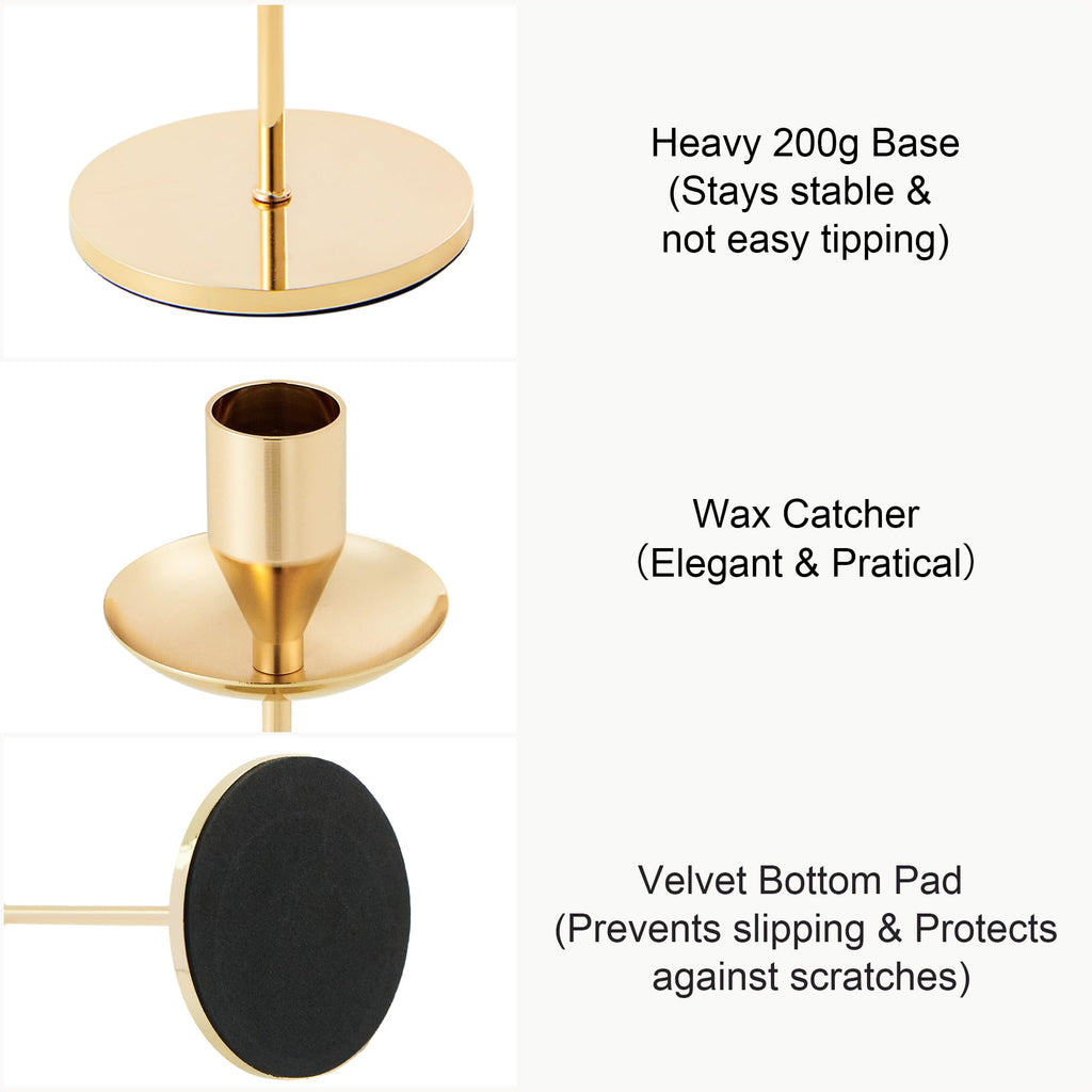 Gold Candle Holders, Brass Taper Candlestick Holders Set of 3