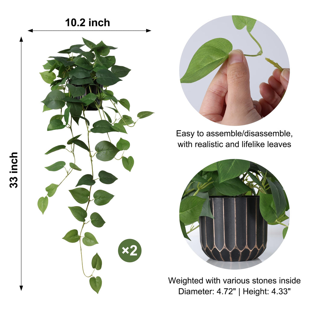 Fake Plants 2 Pcs Faux Pothos Plants Potted Indoor Artificial Hanging Plants Realistic Fake Greenery Table Desk