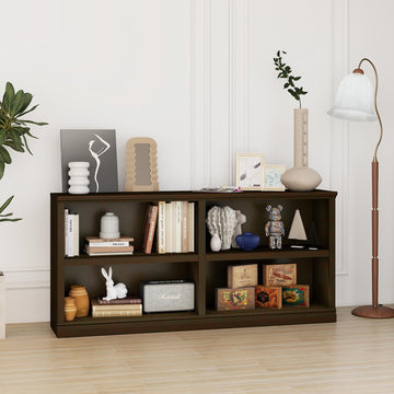 Low Horizontal Bookshelf Double Wide 64" 2-Tier Bookcase 4 Cube Storage Organizer Cherry Wood Bookcases Decor Display