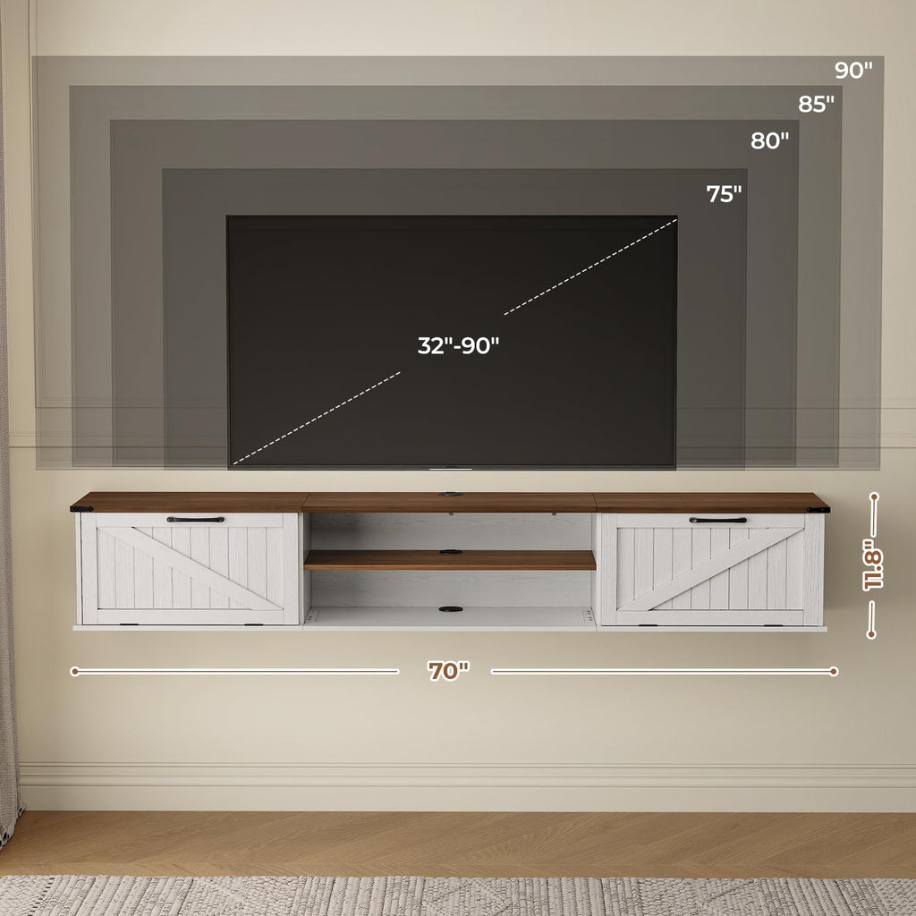 70" Farmhouse Floating TV Stand with Filp Doors for TVs up to 90", White
