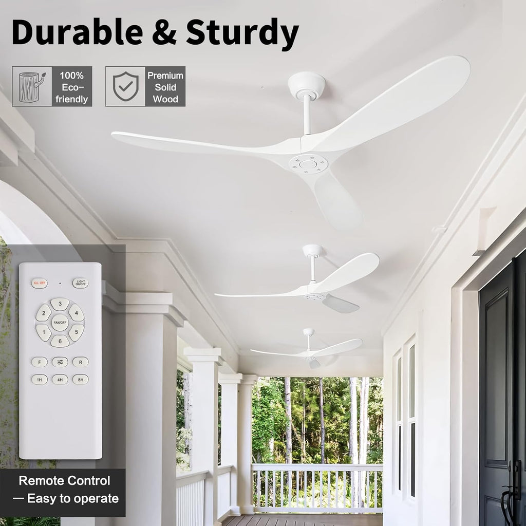 Inspired Maverick Style 72" White Ceiling Fans Without Lights, 72 Inch Outdoor Ceiling Fans no Lights, 3 Blade Solid Wood Damp Rated Ceiling Fan with Remote Control for Living Room Porch Gazebo Farmhouse/Patios-White Blades A102-B0CMTM6RL5