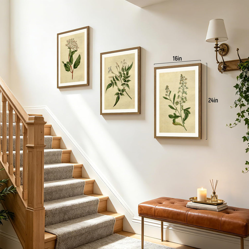 Wood Framed Vintage Botanical Wall Art Set of 3, Classic Herbarium Plant Prints, Green Botanical Illustration Wall