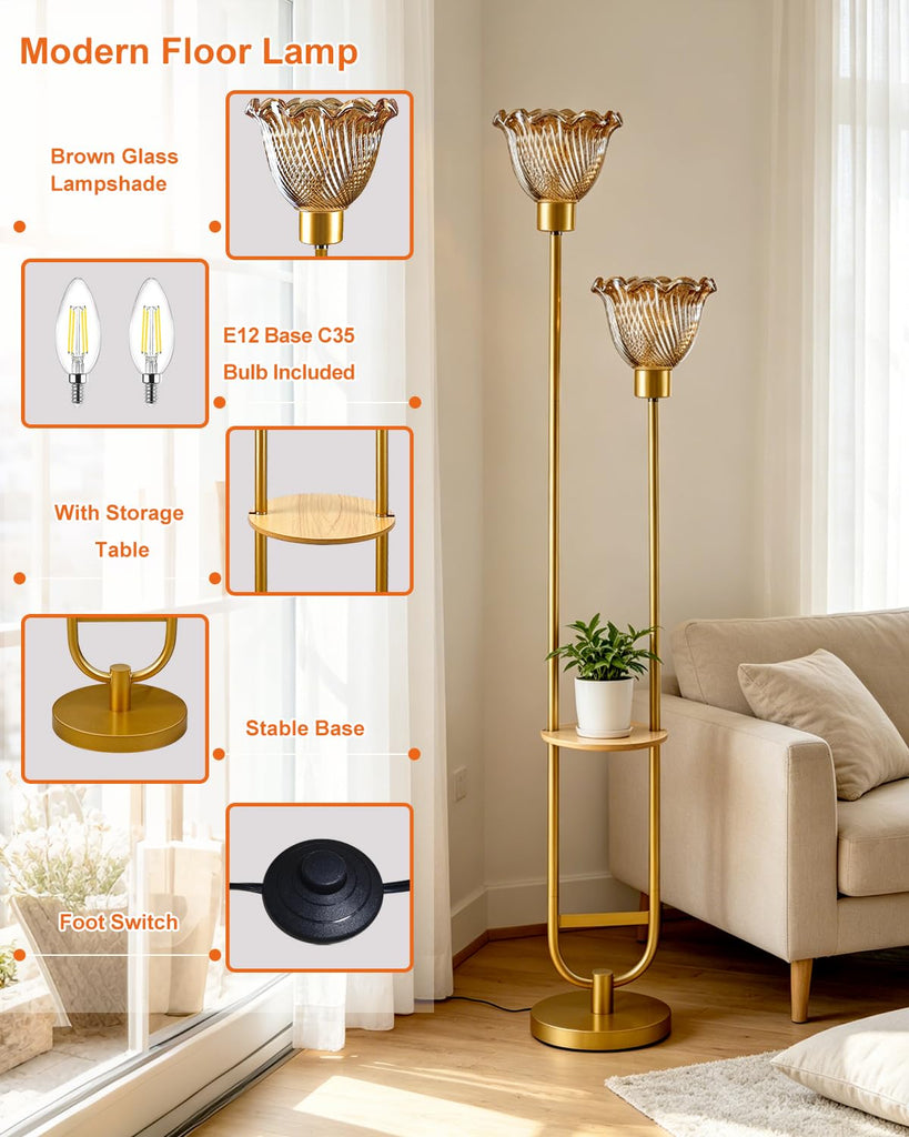 Amber Glass Floor Lamp with Table 2-Lights Modern Gold Tall Lamps