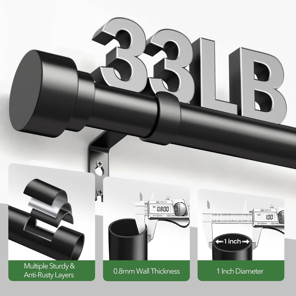 Black Curtain Rods for Windows 48 to 84 Inch (4-7 Feet), 1 Inch Diameter Adjustable Heavy Duty Curtain Rod, Modern
