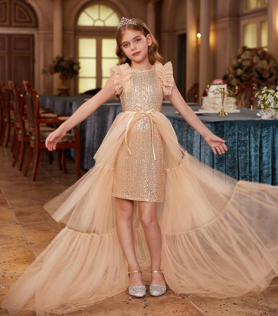 Girls Sequin Formal Pageant Fancy Party Ruffle Prom Maxi Dress