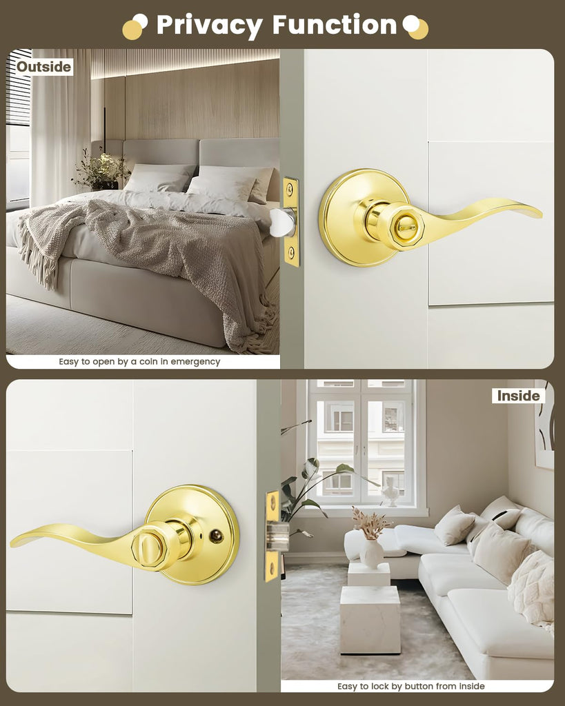 Drop Lever Bedroom Bathroom Door Locksets Privacy Locks in Polished Brass,Detachable Latch Plate,Reversible Levers