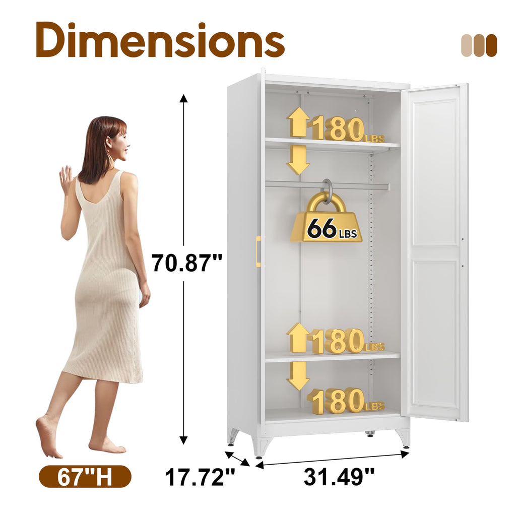 71'' Armoire Wardrobe Closet with Doors, Metal Wardrobe Cabinet