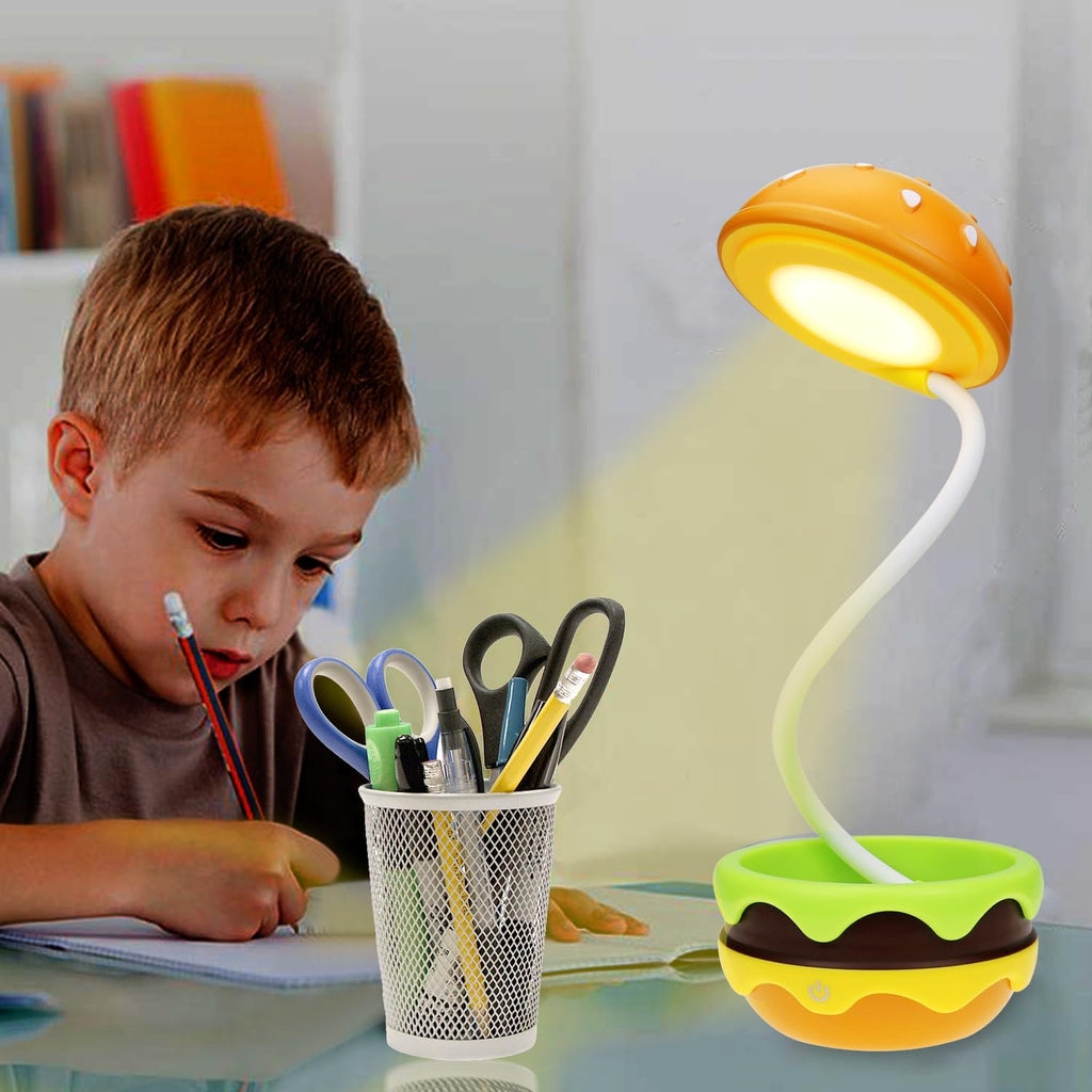 Cute Desk Lamp for Kids, Rechargeable Hamburger Small Desk Lamps with Adjustable Neck Dimmable Touch Switch, Nursery