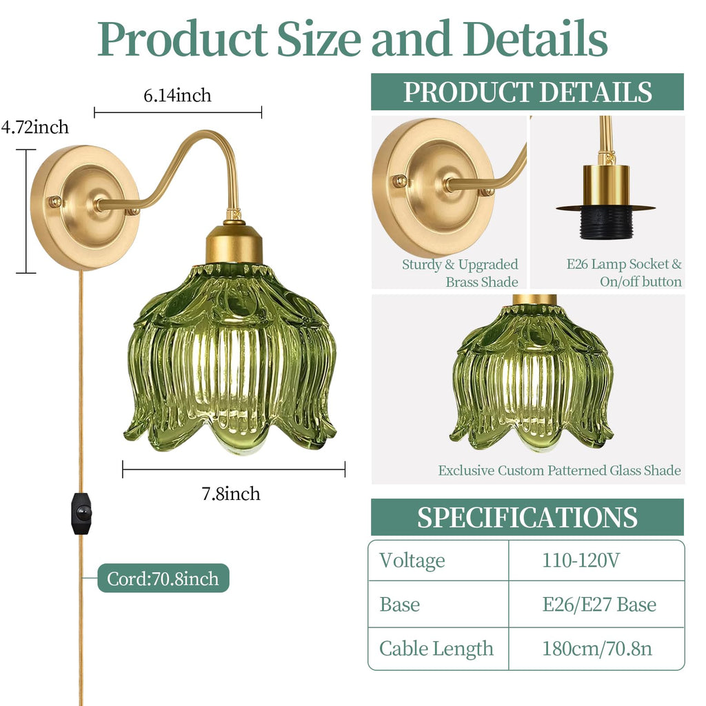 Vintage Plug in Wall Sconces Set of Two,Dimmable Wall Sconces Lights with Plug in Cord & Glass Lampshade,Gold Flower