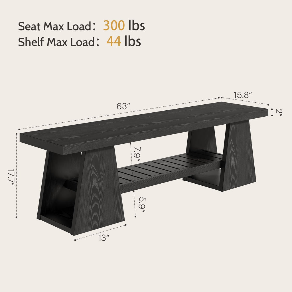 63'' Long Entryway Bench, Black Rustic Farmhouse Wooden Entry Way Bench Seat Indoor with Shoe Storage Shelf, 3-Tier