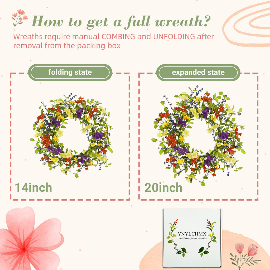 20" Spring Summer Wreaths for Front Door, Artificial Floral Wreath with Colorful Wild Flowers Dicotyledons Berries