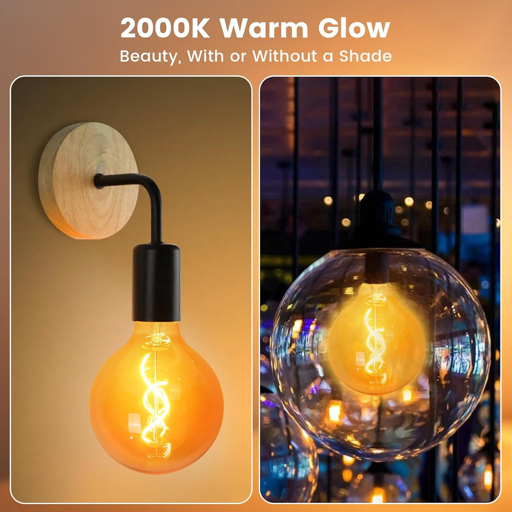 4W G125 LED Large Globe Light Bulbs Dimmable, Oversized Amber Glass E26 Edison Round Light Bulb 2000K Warm White